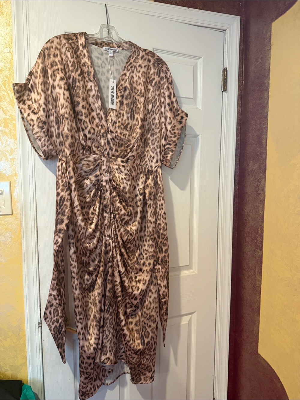 Steve Madden Brown Leopard Print Ruched Midi Dress